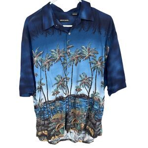 Pierre Cardin Hawaiian Shirt Mens Extra Large Blue Rayon Tropical Palm Tree Camp